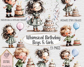 Whimsical Birthday Girls & Boys. 13 PNGs (Instant Digital Download)
