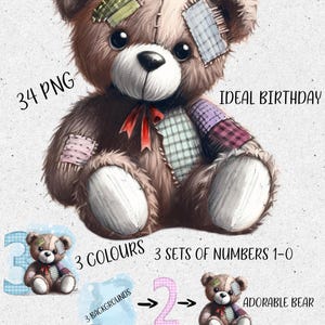May include: A set of 34 digital clipart images featuring a brown patchwork teddy bear with red ribbon. The images are ideal for birthday celebrations and include 3 sets of numbers 1-0 in 3 different colors.