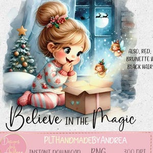 Geloof in de magie. Mooi meisje en kerstfeeën. Blond, brunette, zwart, donkerbruin haar, donkerdere huidskleur. 5 png-bestand + tekstbestand