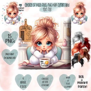 Könnte beinhalten: Digitale Illustration eines Cartoon-Mädchens mit blonden Haaren in einem unordentlichen Dutt, das einen weißen Morgenmantel trägt und eine Kaffeetasse hält, auf der "Little ray of sunshine" steht. Das Bild enthält 15 PNG-Dateien, 6 Basisdateien, eine Auswahl an Augenfarben, Haar-Cliparts und eine Textdatei. Der Text "Not a morning person" ist ebenfalls im Bild enthalten.