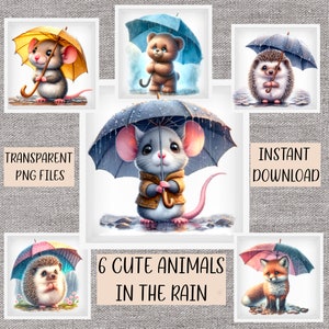 Animaux super mignons sous la pluie avec leurs parapluies x 6 ; ours en peluche, souris, hérisson, renard. 6 PNG, sublimation ou impression. Téléchargement instantané