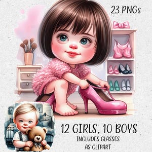 Wunderschöne Down syndrom Kinder. 12 Mädchen, 10 Jungen, Brillen Clipart. 23 PNGs, Sublimation, Druck. Sofortiger Download, Down-syndrom Bewusstsein