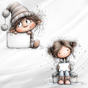 May include: A digital illustration featuring two characters: one wearing a striped hat with pom-poms holding a blank rectangular sign, and another with messy hair in pigtails wearing a coat and boots, also holding a blank rectangular sign.