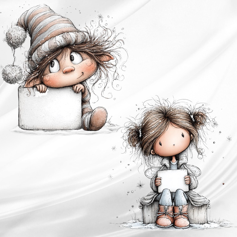 May include: A digital illustration featuring two characters: one wearing a striped hat with pom-poms holding a blank rectangular sign, and another with messy hair in pigtails wearing a coat and boots, also holding a blank rectangular sign.