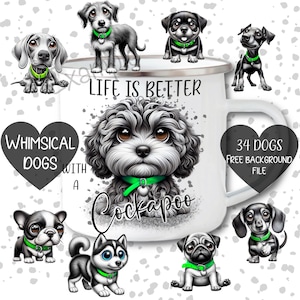 Könnte beinhalten: Eine weiße Tasse mit einer Illustration eines schwarz-weißen Cockapoo-Hundes und dem Text "Life is Better with a Cockapoo". Die Tasse enthält auch den Text "Whimsical Dogs" und "34 Dogs Free Background File".
