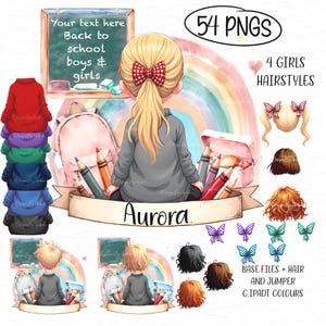 May include: Digital illustration with a school theme, showing a girl, a rainbow, and school supplies. Text includes "Your text here Back to school boys & girls" and "Aurora". The image also features 54 PNGs and 4 girls' hairstyles.