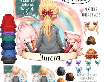 May include: Digital illustration featuring a school-themed design with a girl, a rainbow, and school supplies. Includes text that says "Your text here Back to school boys & girls" and "Aurora". Also includes 54 PNGs and 4 girls' hairstyles.