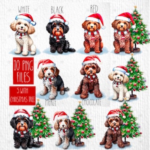 May include: 10 PNG files of a Christmas themed illustration of a dog wearing a Santa hat and scarf. The dogs are in different colors: white, black, red, merle, and chocolate. Five of the images include a Christmas tree.