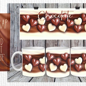 3D chocolate mug wrap. 2 files; one with and one without ‘chocolate’. 24 x 9 cm. Sublimation. 300 dpi PNG