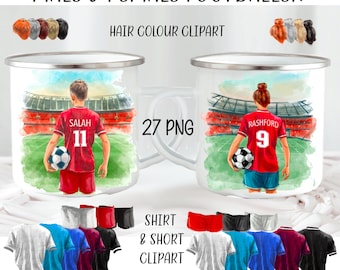 May include: Two sublimation mugs with watercolor illustrations of a male and female soccer player. The male player is wearing a red jersey with the number 11 and the name "SALAH" on the back. The female player is wearing a red jersey with the number 9 and the name "RASHFORD" on the back. Both players are holding a soccer ball. The mugs are white with a silver rim.