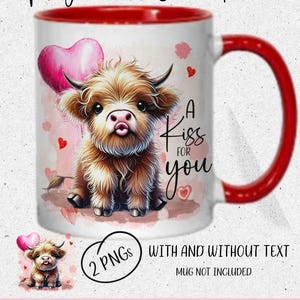 Schattige hooglandkoe die een kus blaast. 2 png-bestanden; één met de tekst 'A Kiss For You', één zonder. sublimatie, afdruk. Valentijn