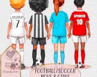 May include: Illustration of four soccer players, viewed from the back, holding hands. Each player wears a different colored uniform: white, black and white stripes, blue, and red. The text "FOOTBALL/SOCCER BOYS & GIRLS 150 PNGS" is in a pink oval.