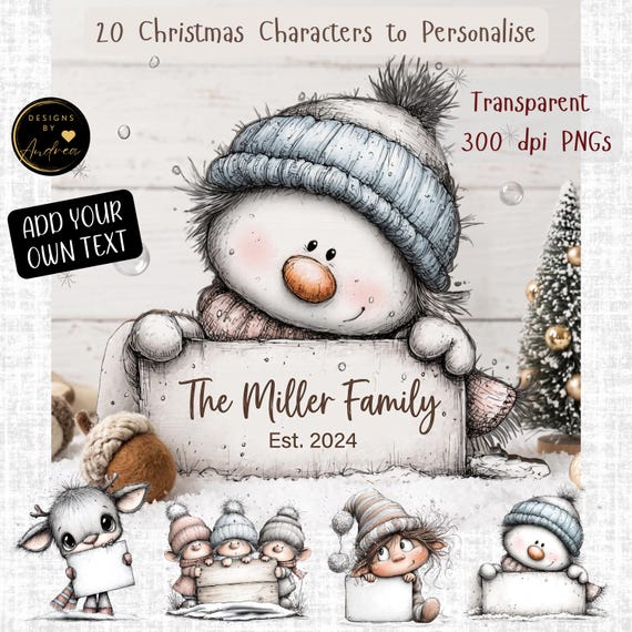 Customisable Christmas Characters with blank signs. 20 PNGs. Instant Digital Download