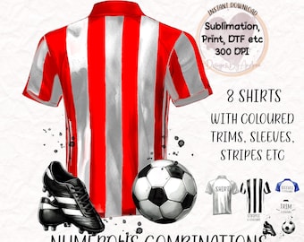 May include: A digital clipart set of 8 soccer jerseys with red and white stripes. The jerseys have different colored sleeves, trims, and stripes. The set includes 25 transparent PNG files. Instant download. 300 DPI.