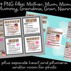 Scrabble Familie Definition Designs. 9 Dateien - Mutter, Mama, Mama, Mama, Oma, Oma, Nanny PLUS 2 kostenlose Dateien: Glitzerherz und Blume