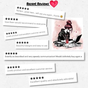 May include: A collection of seven five-star customer reviews displayed as white rectangular cards with black text. The text includes phrases like Perfect, great item, and Lovely product. A red heart icon sits above the text Recent Reviews.