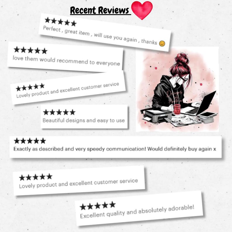 May include: A collection of seven five-star customer reviews displayed as white rectangular cards with black text. The text includes phrases like Perfect, great item, and Lovely product. A red heart icon sits above the text Recent Reviews.