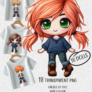 Puede incluir: 18 ilustraciones digitales de muñecas de dibujos animados bordadas con diferentes colores de cabello y ojos. Las muñecas llevan ropa informal y están en varias poses. El texto '18 DOLLS' y '18 TRANSPARENT PNG' es visible en la imagen. El texto 'CHOICE OF EYE/HAIR COLOUR' también es visible. El texto 'PLTHANDMADEBY ANDREA Sublimation Designs By Andrea' es visible en la imagen. El texto 'ETSY: FACEBOOK: INSTANT DOWNLOAD PNG 300 DPI' también es visible.