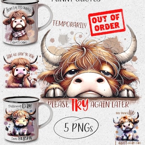 Puede incluir: Cinco ilustraciones digitales de vacas Highland con frases divertidas. Las ilustraciones son de estilo de dibujos animados y presentan una vaca Highland con una bufanda roja y blanca, una vaca Highland con una expresión triste, una vaca Highland con una expresión gruñona, una vaca Highland con una expresión sorprendida y una vaca Highland con una expresión feliz. Las ilustraciones son perfectas para usar en tazas, camisetas y otras mercancías.