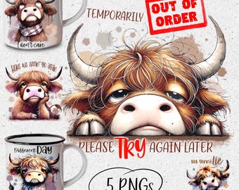 May include: Five digital illustrations of Highland cows with funny sayings. The illustrations are in a cartoon style and feature a Highland cow with a red and white scarf, a Highland cow with a sad expression, a Highland cow with a grumpy expression, a Highland cow with a surprised expression, and a Highland cow with a happy expression. The illustrations are perfect for use on mugs, t-shirts, and other merchandise.