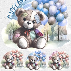 Adorable parche con diseño de osito de peluche y arcoíris. Sin texto y con la frase "Feliz cumpleaños" en 2 colores. 4 PNG + 4 JPEG. Sublimación, impresión. Guardería, ropa