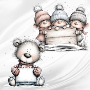 May include: A digital illustration featuring three small figures in winter hats and scarves holding a wooden sign, alongside a fluffy teddy bear wearing a patterned sweater and holding a blank white rectangular sign, all set against a white background.