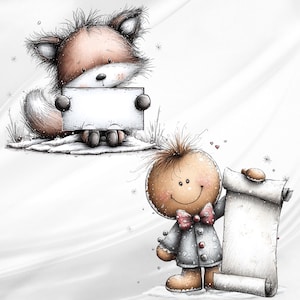 May include: A digital illustration featuring a fluffy brown fox sitting and holding a blank rectangular sign, alongside a round-headed character wearing a gray coat and pink polka-dot bow tie, holding a large blank vertical paper scroll.