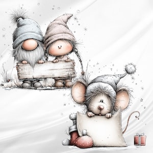 May include: A digital illustration featuring two gnomes wearing winter hats and holding a blank wooden sign, alongside a mouse wearing a matching hat and holding a blank rectangular card, with small snowflakes scattered throughout the scene.