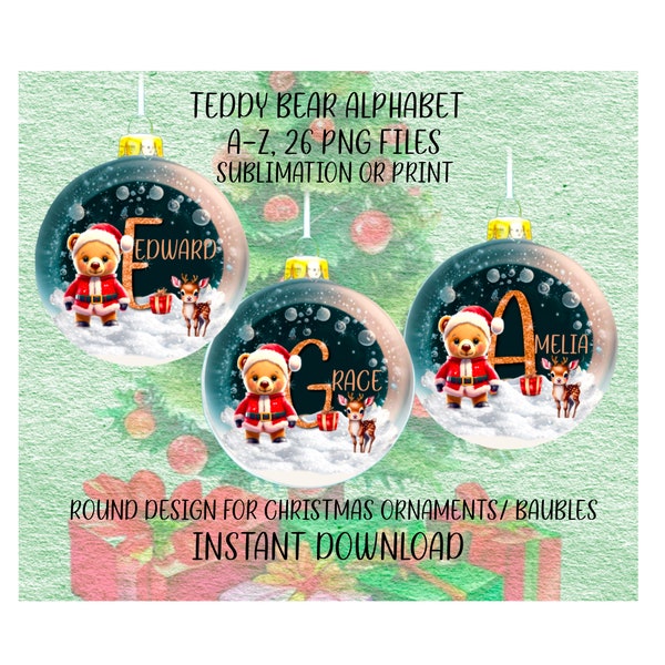 Christmas teddy bear alphabet for round ornament/bauble. 26 PNG files, A-Z. Instant download. Sublimation, print. Personalise. Bronze, gold