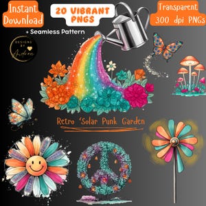 May include: Digital art featuring a watering can pouring a rainbow over a garden scene with butterflies, mushrooms, and flowers. Includes the text "Retro 'Solar Punk Garden", "Instant Download", "20 Vibrant PNGs", and "Transparent 300 dpi PNGs".