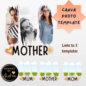 Op de afbeelding: Een Canva-fototemplatesontwerp met drie vrouwen in afzonderlijke frames, met het woord 'MOTHER' in grote letters. Extra tekst bevat 'Links naar 3 sjablonen' en 'CANVA PHOTO TEMPLATE'.