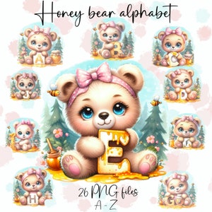 26 adorable girl honey bears with letters of the alphabet. Each bear is different. A to Z. PNGs, sublimation, print, DTF. Instant download