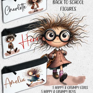 Retour à l'école, personnages fantaisistes, garçons et filles, grincheux et heureux. Cartable, trousse, etc. 10 fichiers PNG. Conception par sublimation