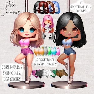 Può includere: Due ballerine di pole cartoon con diversi colori di capelli e pelle. Le ballerine indossano top e pantaloncini diversi. Sono disponibili top, pantaloncini e colori di capelli aggiuntivi.
