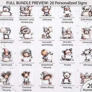 May include: A digital bundle preview featuring 20 personalized signs with Christmas-themed illustrations including a snowman, Santa, reindeer, polar bear, penguin, owl, nutcracker squirrel, gnomes, mouse, girl elf, gingerbread man, fox, deer, fairy, angel, elf, and bear.
