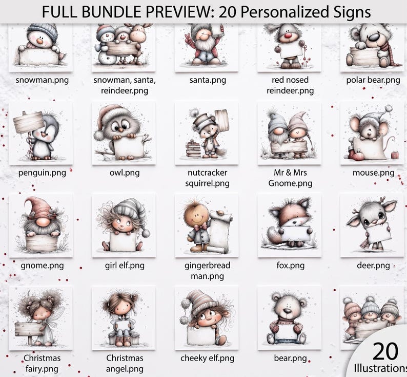 May include: A digital bundle preview featuring 20 personalized signs with Christmas-themed illustrations including a snowman, Santa, reindeer, polar bear, penguin, owl, nutcracker squirrel, gnomes, mouse, girl elf, gingerbread man, fox, deer, fairy, angel, elf, and bear.