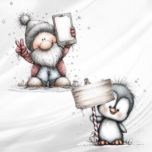 May include: A whimsical illustration featuring a bearded gnome in a winter hat holding a smartphone and making a peace sign, alongside a small penguin holding a blank wooden sign on a candy cane pole, all set against a snowy white background.