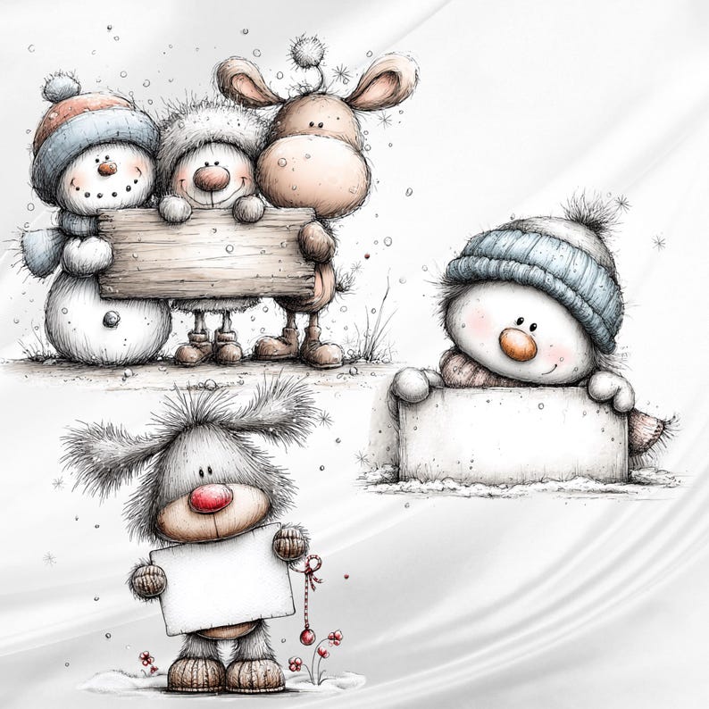 May include: A digital illustration featuring three distinct groups of cartoon characters in a snowy setting. One group includes a snowman, a fuzzy creature, and a reindeer holding a wooden sign. Another shows a character in a blue hat holding a blank sign, and the third depicts a fuzzy creature holding a small white sign with a red ornament.