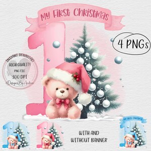 Primeiro Natal do bebê, rosa e azul, com/sem faixa. 4 PNGs. Sublimação, impressão, DTF etc.