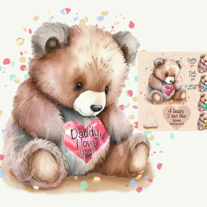 4 preciosos ositos de peluche con corazones de colores para personalizar. Archivo de fondo GRATIS. 2 archivos de texto incluidos. 6 PNG. sublimación, impresión