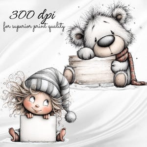 May include: A digital illustration featuring a fluffy white bear with a gray nose and a red scarf leaning on a wooden sign, and a child with messy hair wearing a striped hat holding a blank white sign. Text reads 300 dpi for superior print quality.