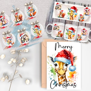 Éclaboussures de peinture : animaux de Noël, girafe, renard, écureuil, hérisson, cerf, souris ; 6 PNG, personnalisation, sublimation, impression.