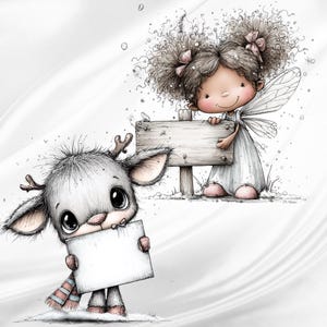 May include: A whimsical illustration featuring a small, furry reindeer with large eyes holding a blank white rectangular sign, and a fairy with curly hair and wings standing behind a wooden signpost, both set against a snowy background.