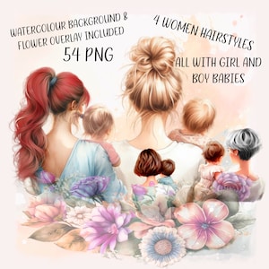 Mamá, madre, abuela y bebé. 4 estilos diferentes, cada uno con bebés niño y niña. Selección de colores de cabello. 54 PNG. sublimación, impresión