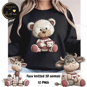 May include: Black sweatshirt featuring a cute teddy bear illustration wearing glasses and holding a mug with hearts. The image also shows a giraffe and a cow, all in a faux knitted 3D style. The text "Faux knitted 3D animals" and "10 PNGs" is displayed.