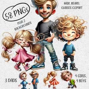 Padre, papá, hijos. Estilo de dibujos animados. 58 PNG + 2 fondos GRATIS. Incluye varios clipart. 3 papás, 4 niñas, 4 niños. Sublimación, impresión.