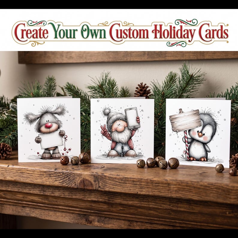 May include: Three square holiday cards featuring illustrations of a fluffy grey creature holding a blank sign, a gnome holding a smartphone, and a penguin holding a wooden sign. The text "Create Your Own Custom Holiday Cards" is displayed above.