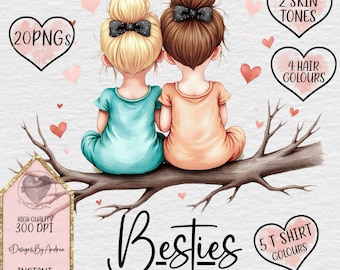 Meilleures amies. Comprend des cliparts pour les cheveux et les t-shirts, 2 tons de peau. 20 fichiers PNG (téléchargement numérique)
