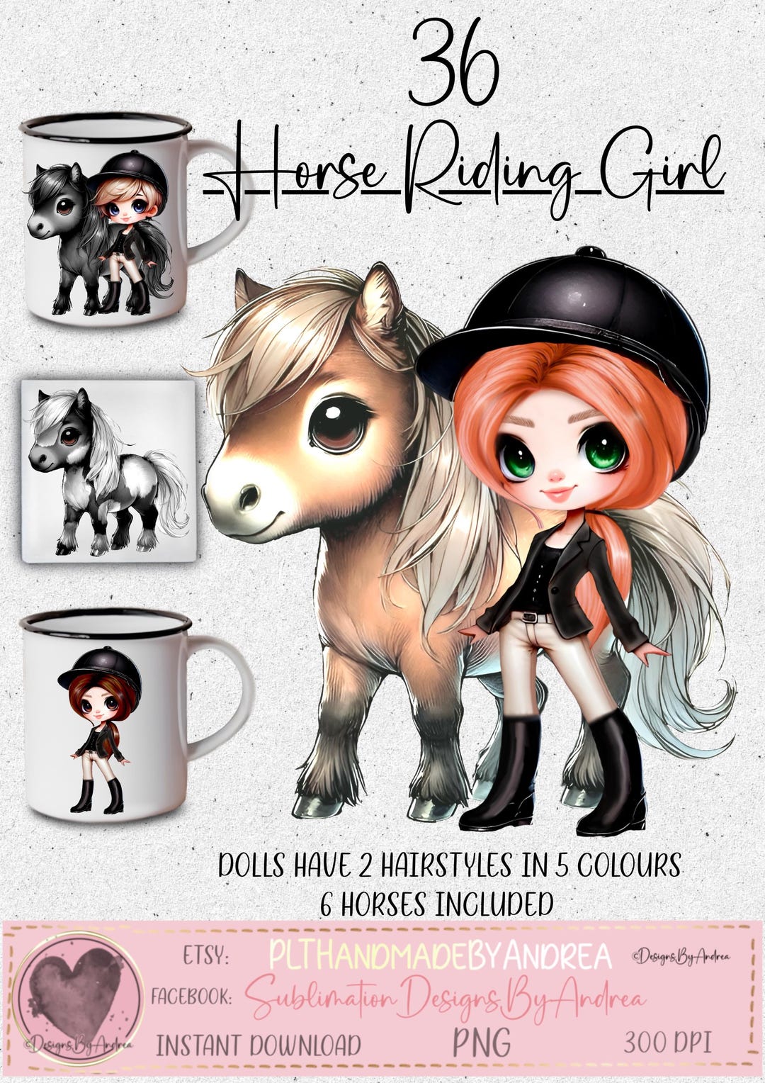 Chibi Sticker Riding Horse Riding Chibi Girl PNG Clipart: 36 Doll Graphics (instant Download ...
