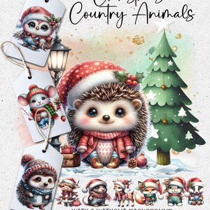 Lot d'animaux de la campagne de Noël ; Vache Highland, souris, éléphant, hérisson, renne, blaireau, renard, lapin, sublimation, impression. 20 PNG